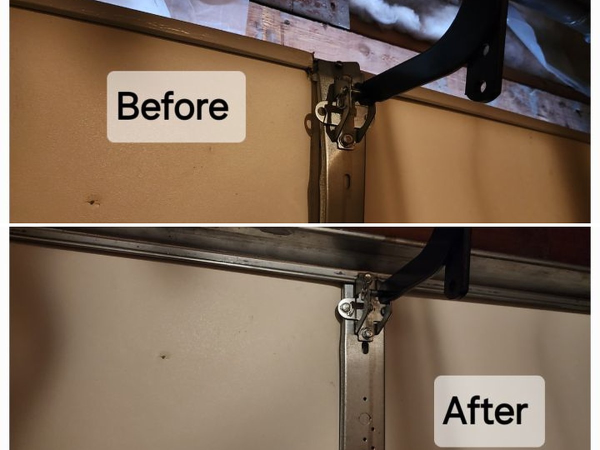 Two views of the same top section at the operator arm bracket: first pulled away from the panel skin, then re-seated and re-anchored